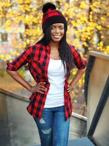 2 Pieces Buffalo Plaid Beanie with Faux Fur Pompom Winter Knitted Hat for Women in Saudi Arabia