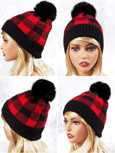 2 Pieces Buffalo Plaid Beanie with Faux Fur Pompom Winter Knitted Hat for Women in Saudi Arabia