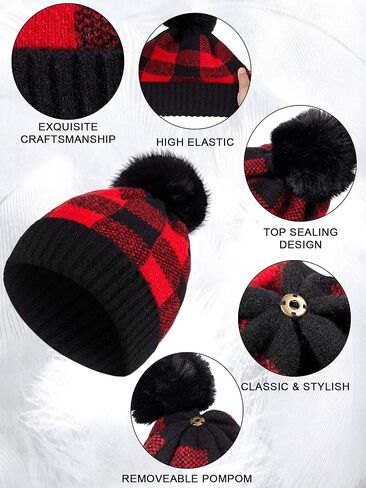 2 Pieces Buffalo Plaid Beanie with Faux Fur Pompom Winter Knitted Hat for Women in Saudi Arabia
