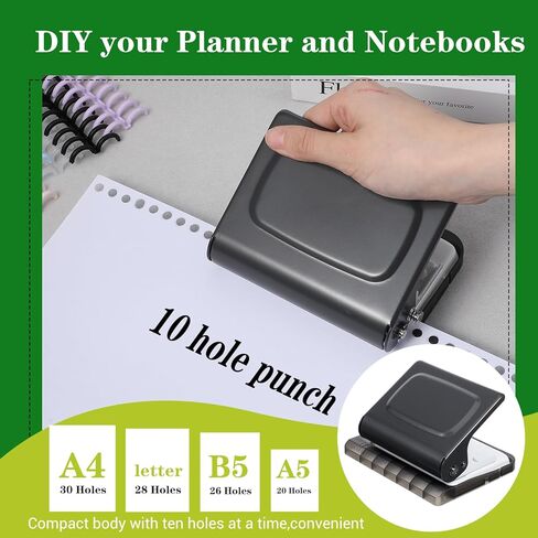 10 Hole Punch Binding Machine for Planners with 12 Multi-Color Binder Rings, 30 Holes on A4, 20 Holes on A5, 26 Holes on B5, 10 Sheet Capacity in Saudi Arabia