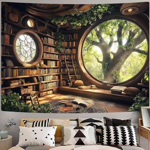 RichIdeas 80x60 بوصة شجرة رف الكتب نسيج نافذة المفروشات Treehouse المفروشات القراءة بطانية ديكور لغرفة مكتب بدون نوافذ غرفة نوم غرفة المعيشة ديكور المنزل RITADJ1319 in Saudi Arabia
