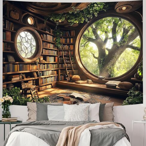 RichIdeas 80x60 بوصة شجرة رف الكتب نسيج نافذة المفروشات Treehouse المفروشات القراءة بطانية ديكور لغرفة مكتب بدون نوافذ غرفة نوم غرفة المعيشة ديكور المنزل RITADJ1319 in Saudi Arabia
