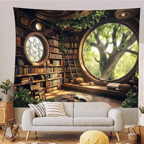 RichIdeas 80x60 بوصة شجرة رف الكتب نسيج نافذة المفروشات Treehouse المفروشات القراءة بطانية ديكور لغرفة مكتب بدون نوافذ غرفة نوم غرفة المعيشة ديكور المنزل RITADJ1319 in Saudi Arabia