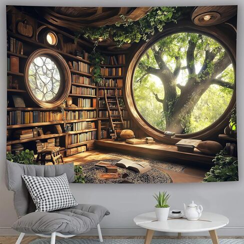 RichIdeas 80x60 بوصة شجرة رف الكتب نسيج نافذة المفروشات Treehouse المفروشات القراءة بطانية ديكور لغرفة مكتب بدون نوافذ غرفة نوم غرفة المعيشة ديكور المنزل RITADJ1319 in Saudi Arabia
