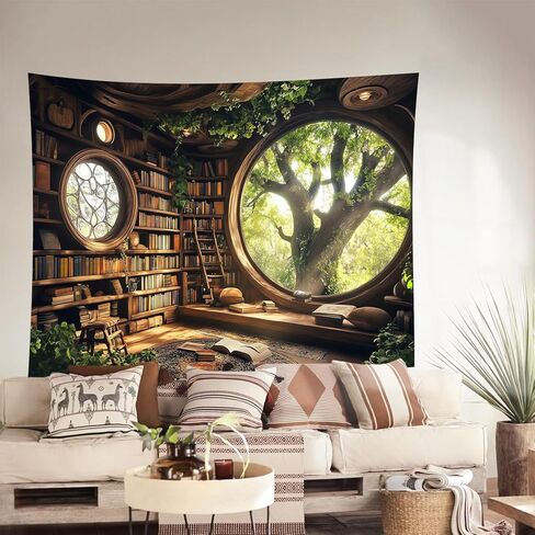 RichIdeas 80x60 بوصة شجرة رف الكتب نسيج نافذة المفروشات Treehouse المفروشات القراءة بطانية ديكور لغرفة مكتب بدون نوافذ غرفة نوم غرفة المعيشة ديكور المنزل RITADJ1319 in Saudi Arabia