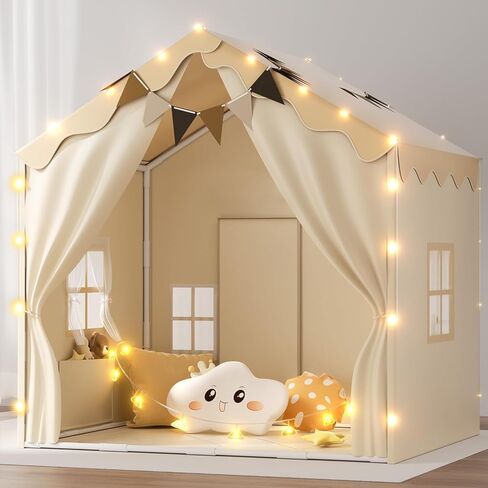 EagleStone 2-in-1 Kids Tent,Large Play Tent with Padded Mat and Lights,Kids Playhouse with 2 Doors & 4 Windows,2 Large Side Pockets,Indoor Outdoor Kid Play Tent for Toddlers,53" x40" x 51" in Kuwait