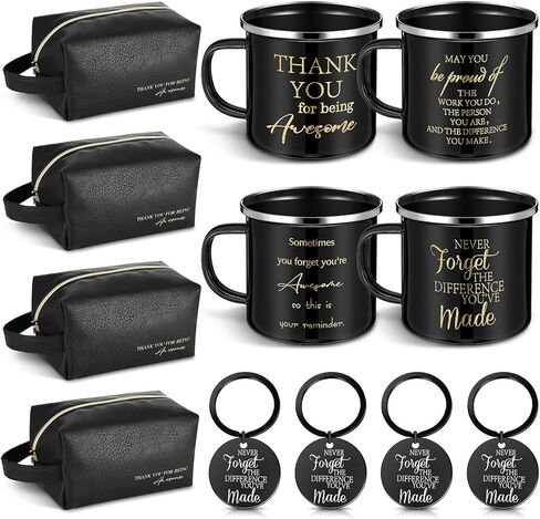 DERTE 4 Sets Thank You Gifts for Men Coworker Staff Employee Appreciation Gift 12oz Enamel Motivational Mug Leather Toiletry Bag Inspirational Keychain for Teacher Volunteer Christmas Birthday in Kuwait