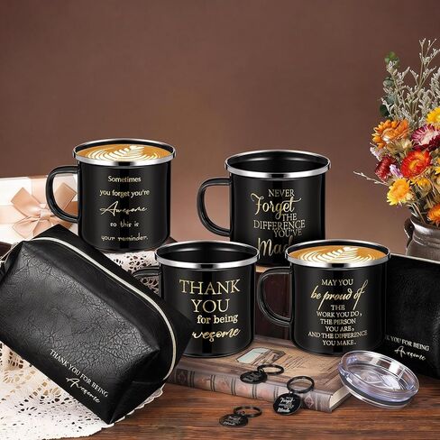 DERTE 4 Sets Thank You Gifts for Men Coworker Staff Employee Appreciation Gift 12oz Enamel Motivational Mug Leather Toiletry Bag Inspirational Keychain for Teacher Volunteer Christmas Birthday in Kuwait
