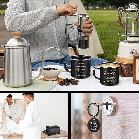 DERTE 4 Sets Thank You Gifts for Men Coworker Staff Employee Appreciation Gift 12oz Enamel Motivational Mug Leather Toiletry Bag Inspirational Keychain for Teacher Volunteer Christmas Birthday in Kuwait