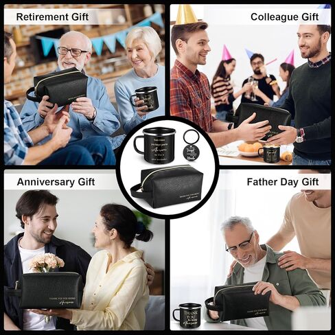 DERTE 4 Sets Thank You Gifts for Men Coworker Staff Employee Appreciation Gift 12oz Enamel Motivational Mug Leather Toiletry Bag Inspirational Keychain for Teacher Volunteer Christmas Birthday in Kuwait