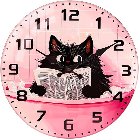 Cat Glass Wall Clock - 8 Inch Small Battery Operated Silent Non Ticking Analog Clock with Unique Black Cat Bathtub Reading Large Numbers Clocks for Living Room Bedroom Bathroom Hotel Gym in Saudi Arabia