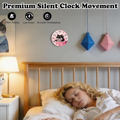 Cat Glass Wall Clock - 8 Inch Small Battery Operated Silent Non Ticking Analog Clock with Unique Black Cat Bathtub Reading Large Numbers Clocks for Living Room Bedroom Bathroom Hotel Gym in Saudi Arabia