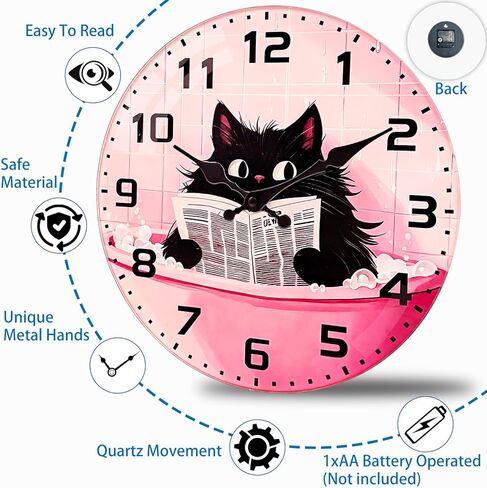 Cat Glass Wall Clock - 8 Inch Small Battery Operated Silent Non Ticking Analog Clock with Unique Black Cat Bathtub Reading Large Numbers Clocks for Living Room Bedroom Bathroom Hotel Gym in Saudi Arabia