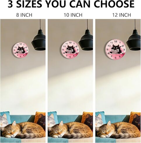 Cat Glass Wall Clock - 8 Inch Small Battery Operated Silent Non Ticking Analog Clock with Unique Black Cat Bathtub Reading Large Numbers Clocks for Living Room Bedroom Bathroom Hotel Gym in Saudi Arabia