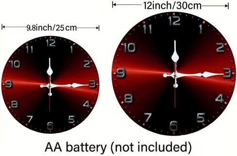 Wall Clock, Silent Non Ticking Battery Operated,Red & Black Radial Clock Decorative for Bathroom Kitchen Bedroom 10 inch & 12 inch, Ships Next Day，No Battery in Saudi Arabia