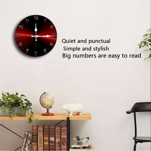 Wall Clock, Silent Non Ticking Battery Operated,Red & Black Radial Clock Decorative for Bathroom Kitchen Bedroom 10 inch & 12 inch, Ships Next Day，No Battery in Saudi Arabia