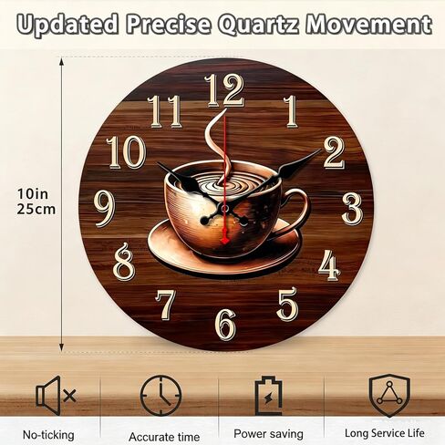 Golden Coffee-Themed Wooden wall Clock: Silent Mid-Century Modern Decor Wall Clock - Silent Non-Ticking Battery Operated Decorative Clock for Kitchen, Home, Bedroom, and Office (Inches, 12) in Saudi Arabia