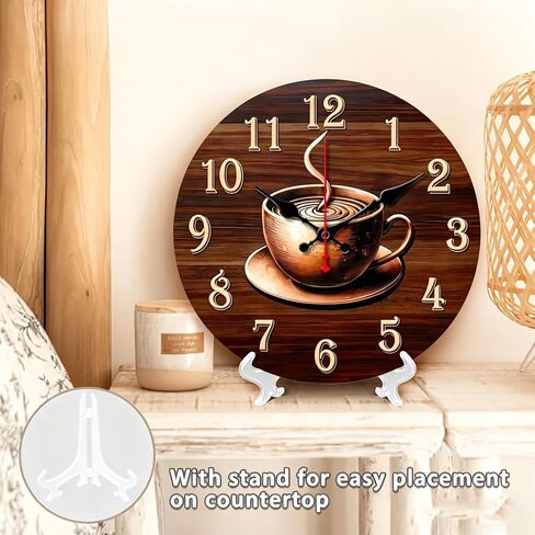 Golden Coffee-Themed Wooden wall Clock: Silent Mid-Century Modern Decor Wall Clock - Silent Non-Ticking Battery Operated Decorative Clock for Kitchen, Home, Bedroom, and Office (Inches, 12) in Saudi Arabia