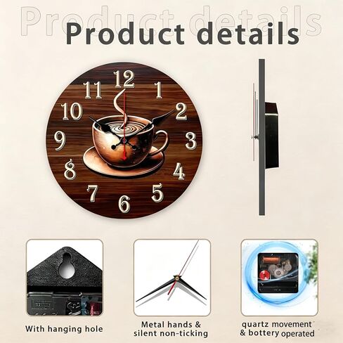 Golden Coffee-Themed Wooden wall Clock: Silent Mid-Century Modern Decor Wall Clock - Silent Non-Ticking Battery Operated Decorative Clock for Kitchen, Home, Bedroom, and Office (Inches, 12) in Saudi Arabia