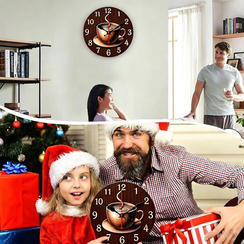 Golden Coffee-Themed Wooden wall Clock: Silent Mid-Century Modern Decor Wall Clock - Silent Non-Ticking Battery Operated Decorative Clock for Kitchen, Home, Bedroom, and Office (Inches, 12) in Saudi Arabia