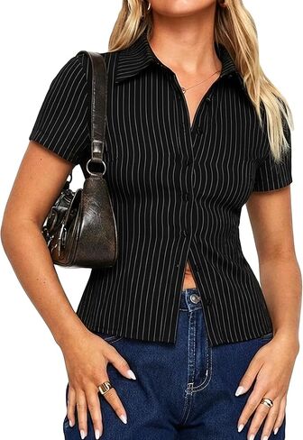 Womens Short Sleeve Striped Fitted Button Down Shirts Collared Office Work Blouse Tops in Kuwait
