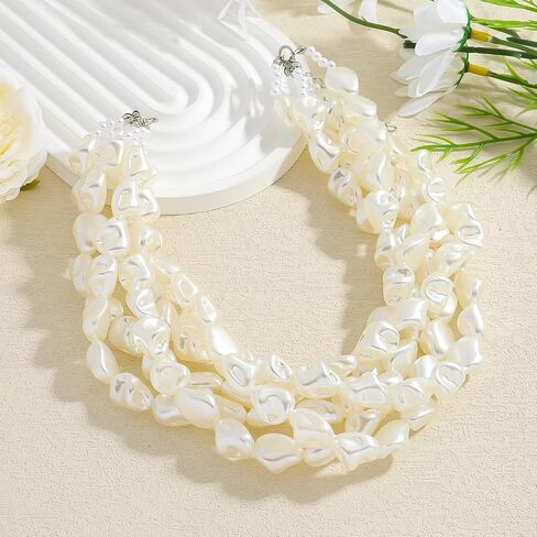 Multi-Layer Irregular Imitation Pearl Choker Necklace for Women, Boho Beaded Statement Fashion Pearl Necklaces Jewelry Gift in Kuwait