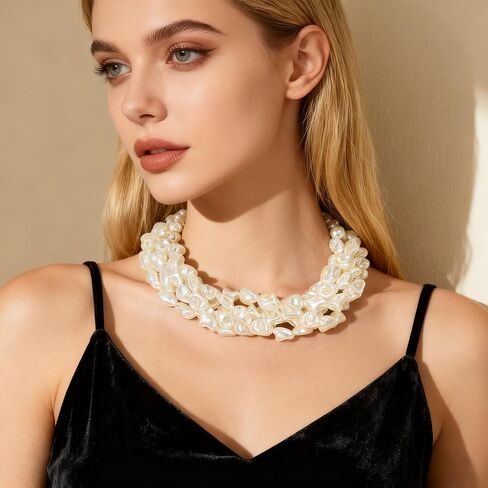 Multi-Layer Irregular Imitation Pearl Choker Necklace for Women, Boho Beaded Statement Fashion Pearl Necklaces Jewelry Gift in Kuwait