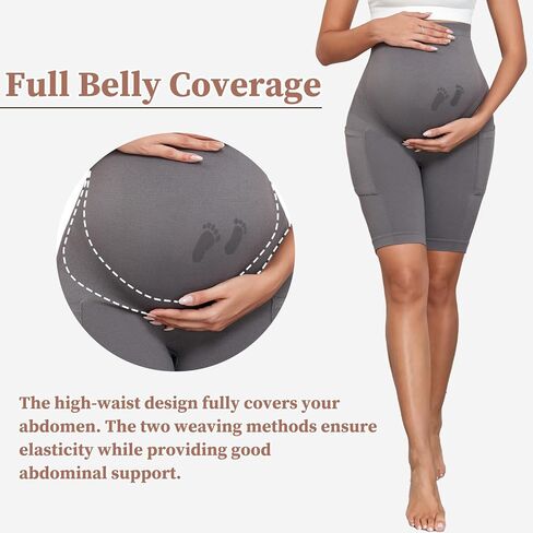 Maternity Biker Shorts with Pockets 8" Over Belly Seamless Athletic Yoga Workout Running Lounge Shorts in Saudi Arabia