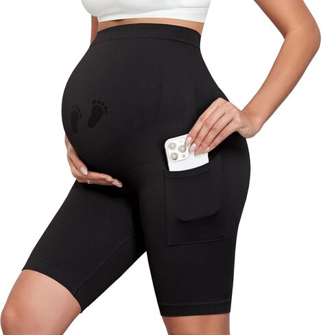 Maternity Biker Shorts with Pockets 8" Over Belly Seamless Athletic Yoga Workout Running Lounge Shorts in Saudi Arabia