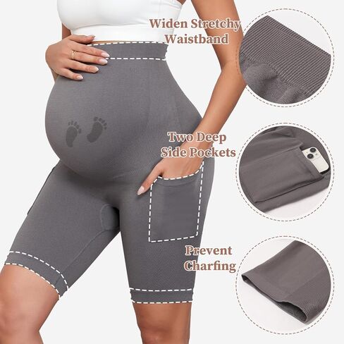 Maternity Biker Shorts with Pockets 8" Over Belly Seamless Athletic Yoga Workout Running Lounge Shorts in Saudi Arabia
