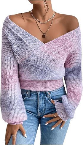 SOLY HUX Women's Tie Dye Sweater V Neck Wrap Long Sleeve Knit Pullover Fall Casual Jumper Tops in Saudi Arabia