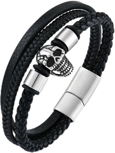 Mens Skull Leather Bracelet Black Punk Cuff Bangle Stainless Steel Skull Gifts for Men in Kuwait