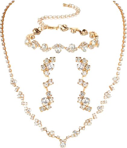 Rhinestone Jewelry Set, Crystal Necklace Earrings Bracelet, Adjustable Bridal Wedding Prom Dresses Accessories For Women in Saudi Arabia