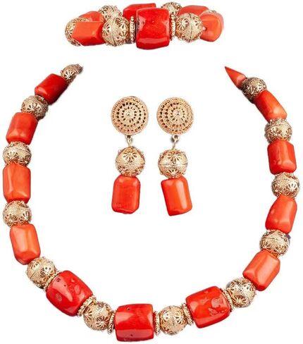 Quality Real Coral Beaded African Wedding Jewelry Set Original Coral and Gold Choker Bridal Necklace Set in Kuwait