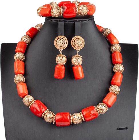 Quality Real Coral Beaded African Wedding Jewelry Set Original Coral and Gold Choker Bridal Necklace Set in Kuwait
