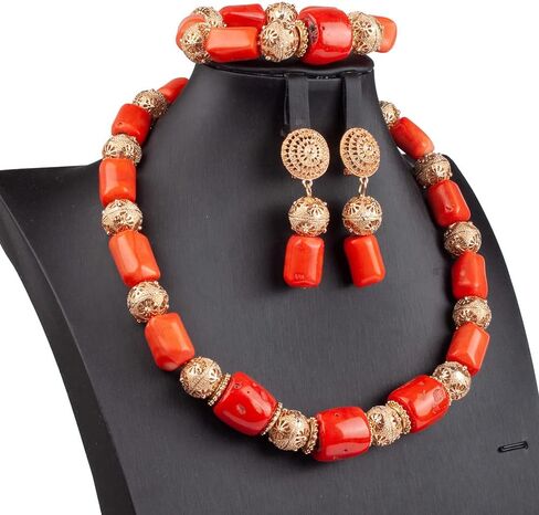 Quality Real Coral Beaded African Wedding Jewelry Set Original Coral and Gold Choker Bridal Necklace Set in Kuwait