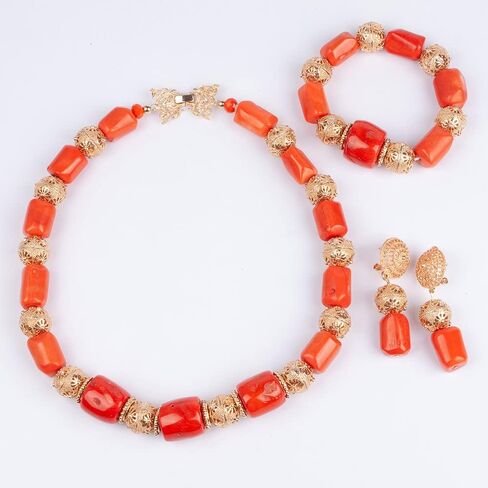 Quality Real Coral Beaded African Wedding Jewelry Set Original Coral and Gold Choker Bridal Necklace Set in Kuwait