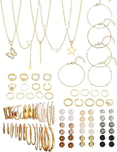 92pcs/set Gold Different Size Hoop Earrings Simulated Pearl Colorful Stud Earrings Stacking Rings and Necklace Set (No Box) in Saudi Arabia