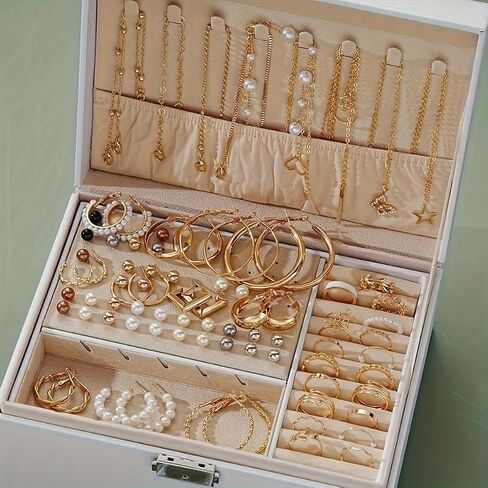 92pcs/set Gold Different Size Hoop Earrings Simulated Pearl Colorful Stud Earrings Stacking Rings and Necklace Set (No Box) in Saudi Arabia