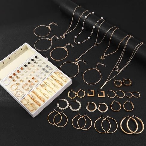 92pcs/set Gold Different Size Hoop Earrings Simulated Pearl Colorful Stud Earrings Stacking Rings and Necklace Set (No Box) in Saudi Arabia