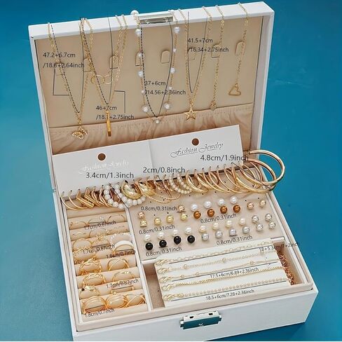 92pcs/set Gold Different Size Hoop Earrings Simulated Pearl Colorful Stud Earrings Stacking Rings and Necklace Set (No Box) in Saudi Arabia