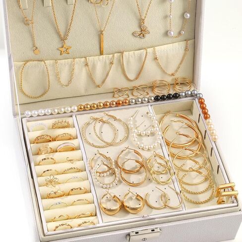 92pcs/set Gold Different Size Hoop Earrings Simulated Pearl Colorful Stud Earrings Stacking Rings and Necklace Set (No Box) in Saudi Arabia