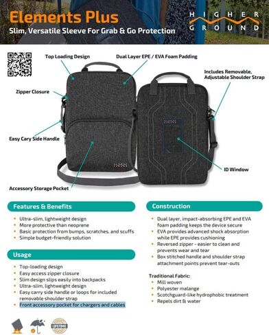 Higher Ground 14IN-15IN Elements Plus, Grey. Top Load Sleeve for Chromebooks, Tablets, Notebooks with Coated Fabric, Exterior Pocket & Removable Shoulder Strap Easily Slips in Backpack. in Saudi Arabia