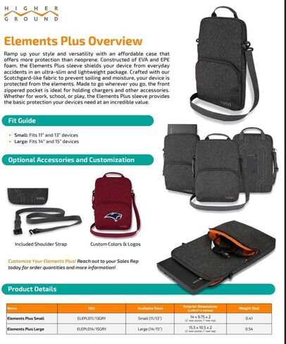 Higher Ground 14IN-15IN Elements Plus, Grey. Top Load Sleeve for Chromebooks, Tablets, Notebooks with Coated Fabric, Exterior Pocket & Removable Shoulder Strap Easily Slips in Backpack. in Saudi Arabia