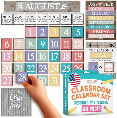 Classroom Calendar Set Bulletin Board Decor – School Calendar for Classroom Elementary & Preschool, Bulletin Board Decorations with Weather Chart & Seasons, Farmhouse Teacher Must Haves in Saudi Arabia