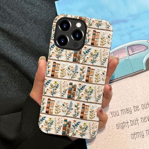 Compatible with iPhone 14 Pro Max,Anti-Scratch Glossy Case Cover,Embroidery Book Flowers Bookshelf in Saudi Arabia
