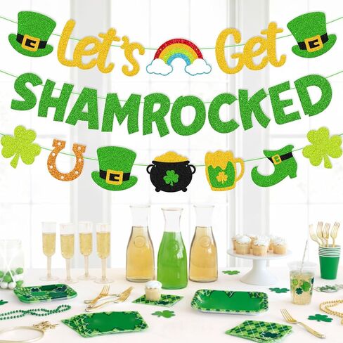 Let’s Get Shamrocked Banner Happy St. Patrick’s Day Decorations Irish Holiday Party Supplies Glitter Green Saint Patrick Theme Classroom Bulletin Board Décor in Kuwait