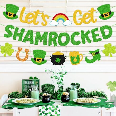 Let’s Get Shamrocked Banner Happy St. Patrick’s Day Decorations Irish Holiday Party Supplies Glitter Green Saint Patrick Theme Classroom Bulletin Board Décor in Kuwait