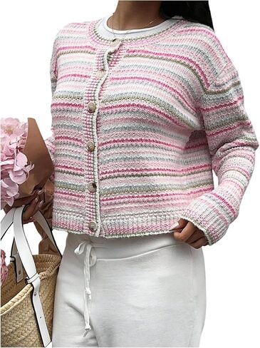 Women's Striped Cardigan Long Sleeve Button Down Crew Neck Sweater Fall Clothes in Saudi Arabia