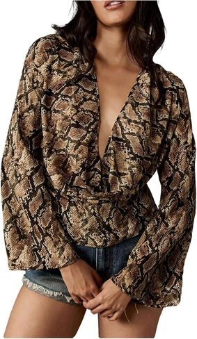 SweatyRocks Women's Snakeskin Print Cowl Neck Blouse Elegant Bell Long Sleeve Tie Backless Party Tops in Saudi Arabia